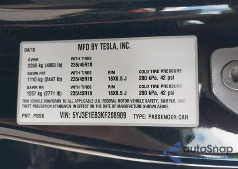 2019 Tesla Model 3 Long Range/Performance from USA, damaged, VIN 5YJ3E1EB3KF208909